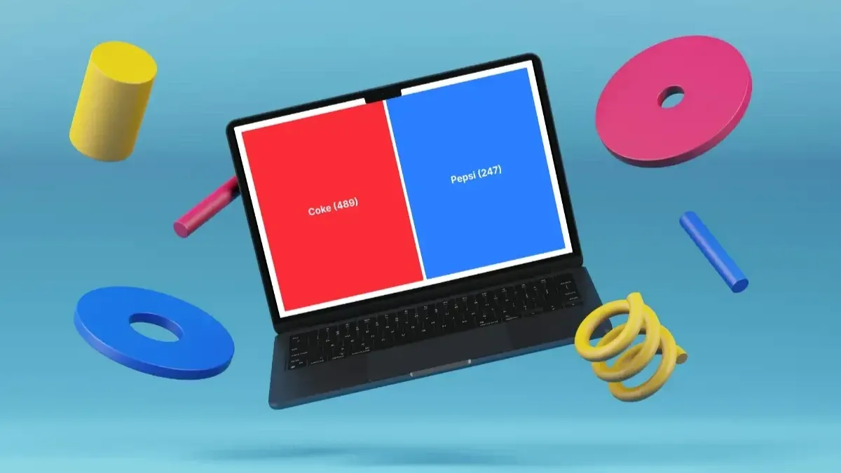 Laptop screen showing two large buttons: 'Coke (489)' and 'Pepsi (403)'.